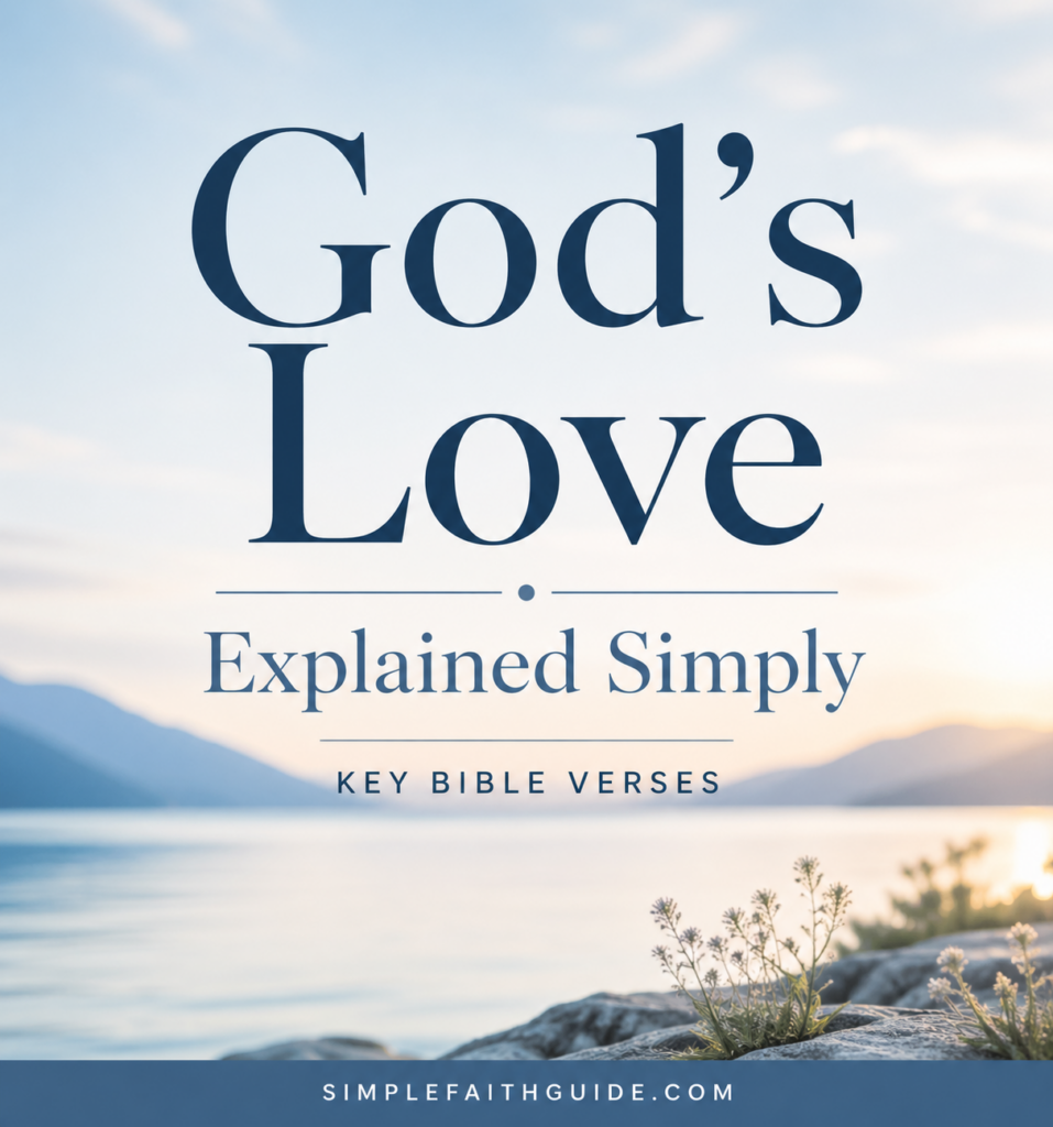 Minimalist Christian image with soft blue nature background and text “God’s Love Explained Simply – Key Bible Verses