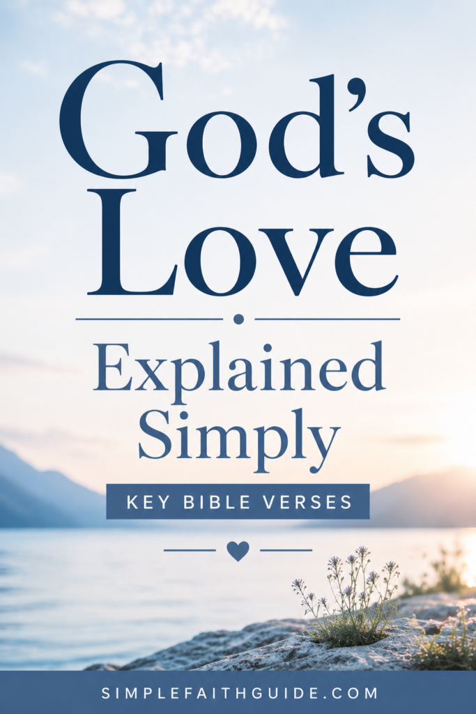 Pinterest image with Bible and soft neutral background reading “God’s Love in the Bible – simple verses and explanations to help you understand