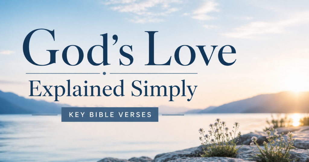 Minimalist Christian image with soft blue nature background and text “God’s Love Explained Simply – Key Bible Verses