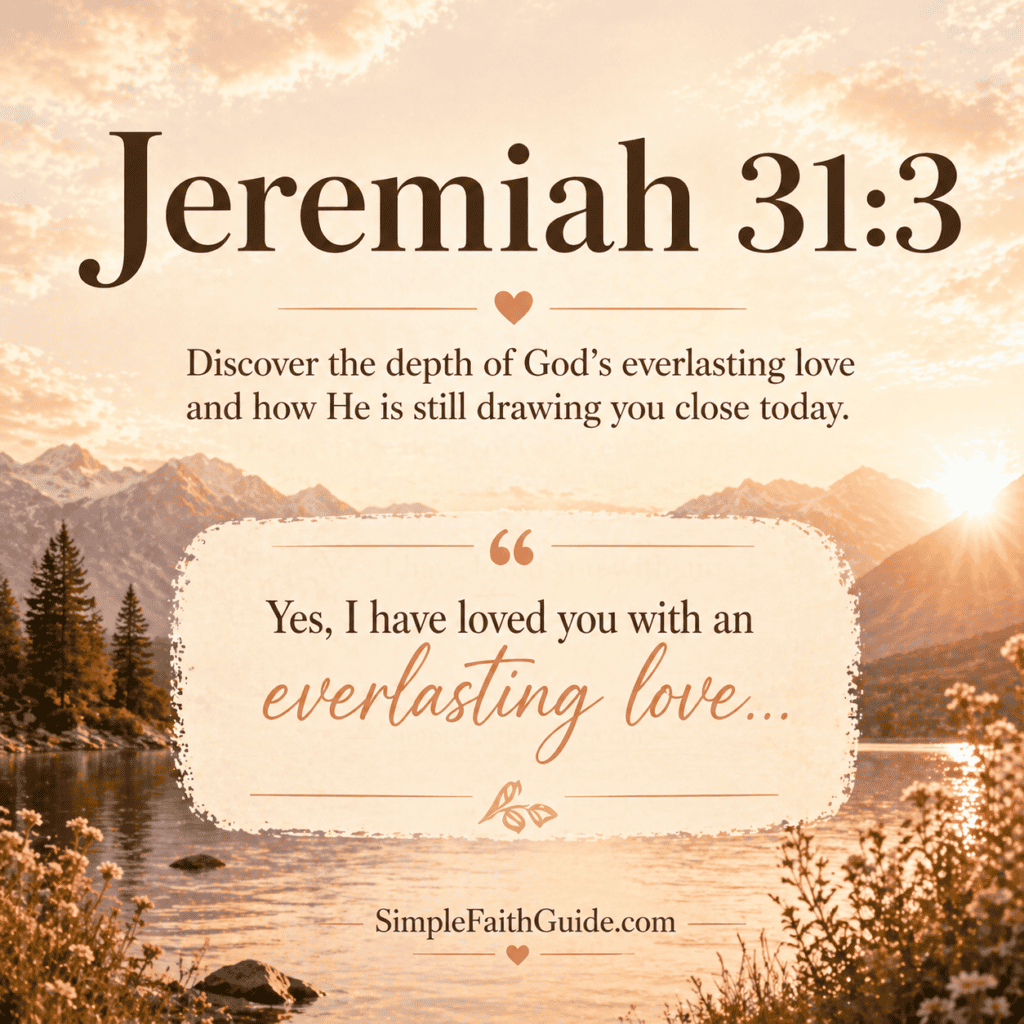 Jeremiah 31:3 KJV Bible verse image with elegant serif text over a peaceful sunrise landscape featuring mountains, a calm lake, and warm golden light, with “SimpleFaithGuide.com” centered at the bottom.