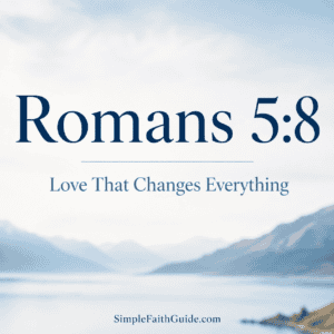 Romans 5:8 KJV Bible verse about God’s love on a peaceful mountain landscape with water and soft sunrise light