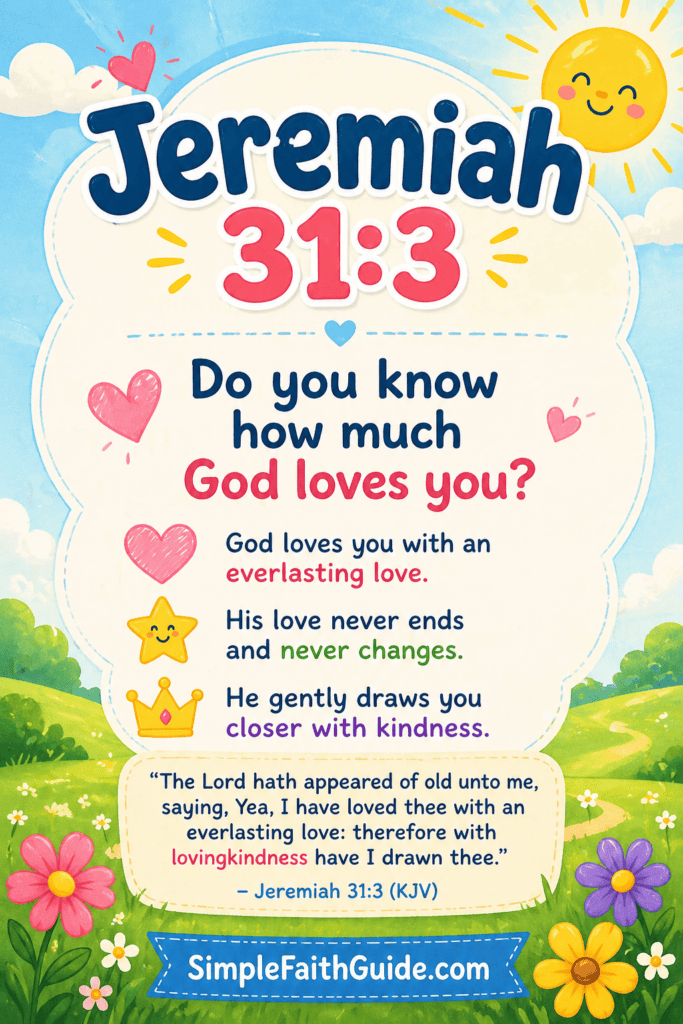 Kid-friendly Jeremiah 31:3 Bible verse Pinterest image with bright illustrated sky, sun, grass, and flowers, asking “Do you know how much God loves you?” with simple lines explaining God’s everlasting love and kindness.