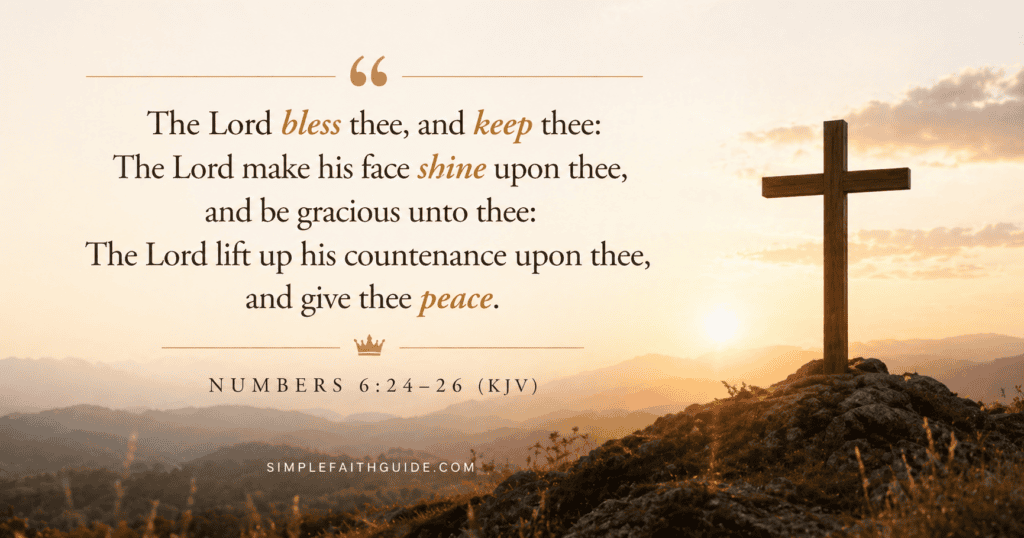 Numbers 6:24–26 KJV Bible verse graphic showing a cross on a hill at sunset with the blessing ‘The Lord bless thee and keep thee’ in a peaceful nature landscape.
