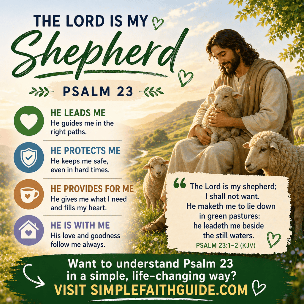 Psalm 23 Bible verse graphic showing Jesus as the Good Shepherd with sheep, highlighting God’s guidance, protection, and care in a peaceful landscape.