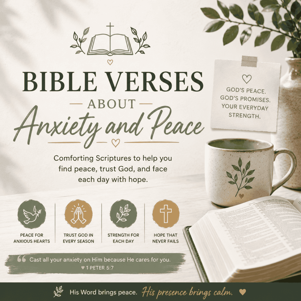 Bible Verses about Anxiety feature image. text and bible in image