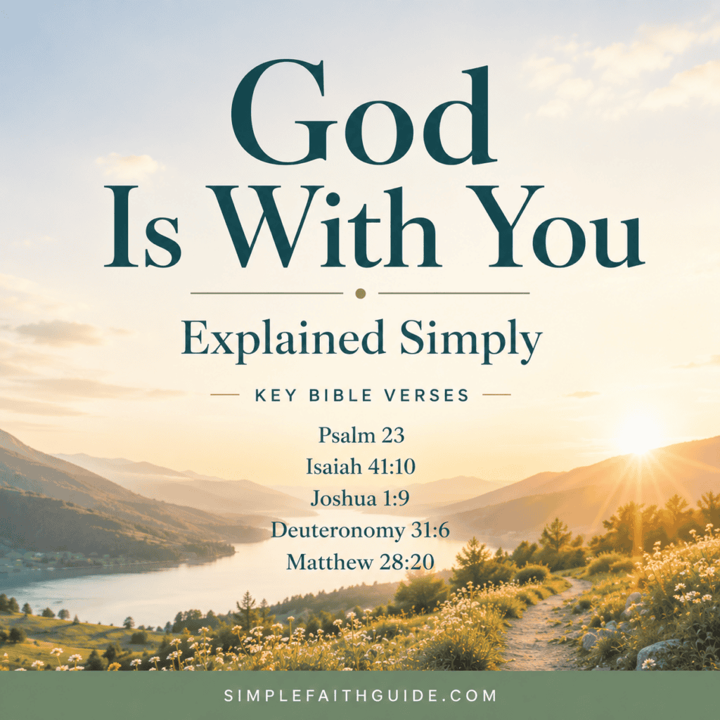 Minimalist Christian image with green nature background and text “God Is With You. Key Bible Verses