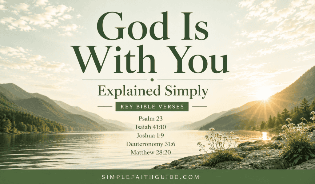 Minimalist Christian image with green nature background and text “God Is With You. Key Bible Verses