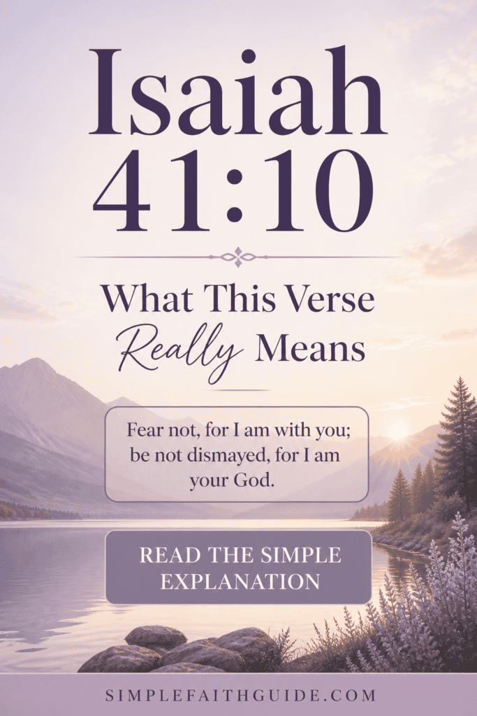 Isaiah 41:10 quote image for pinterest. with Minimalist Christian image with soft purple nature background.