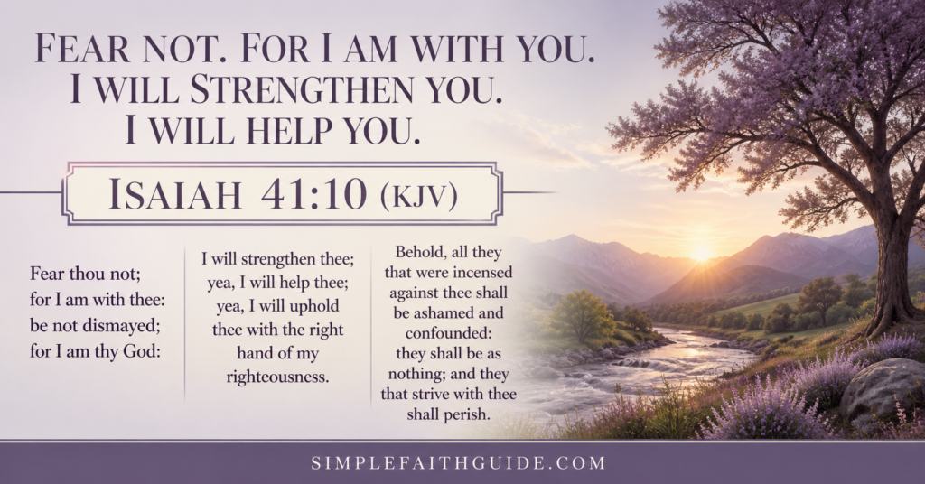 Isaiah 41:10 quote with Minimalist Christian image with soft purple nature background.