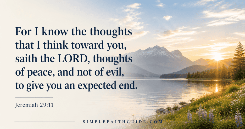 Jeremiah 29:11 quote with Minimalist Christian image with soft blue nature background.