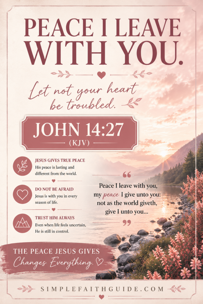 John 14:27meaning image for pinterest with Minimalist Christian image with soft purple nature background.