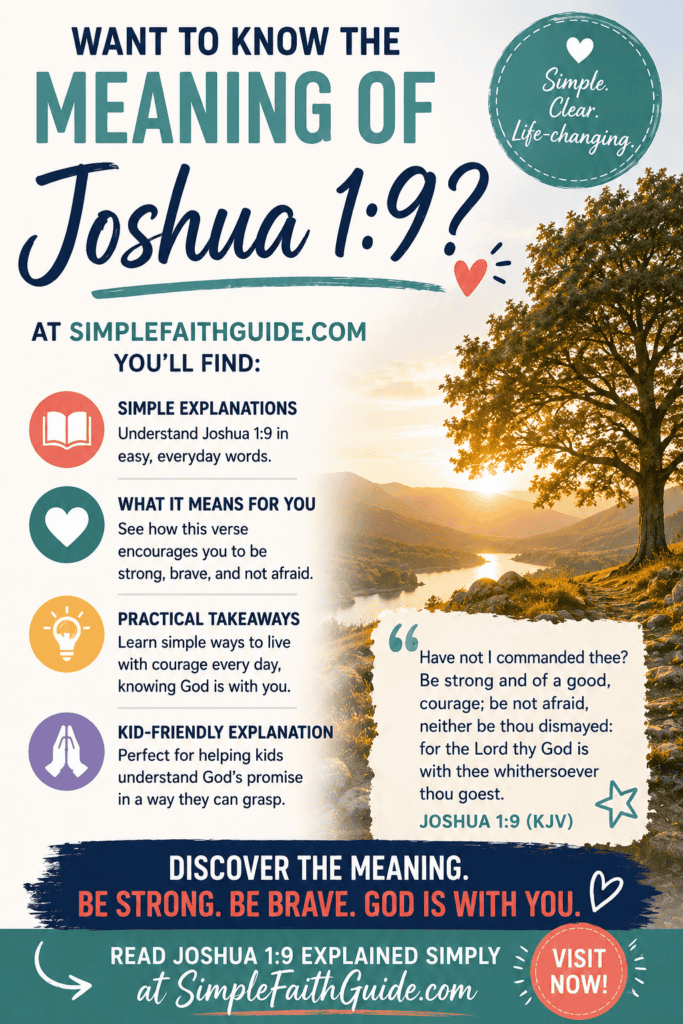 Joshua 1:9 meaning image for pinterest with Minimalist Christian image with soft purple nature background.