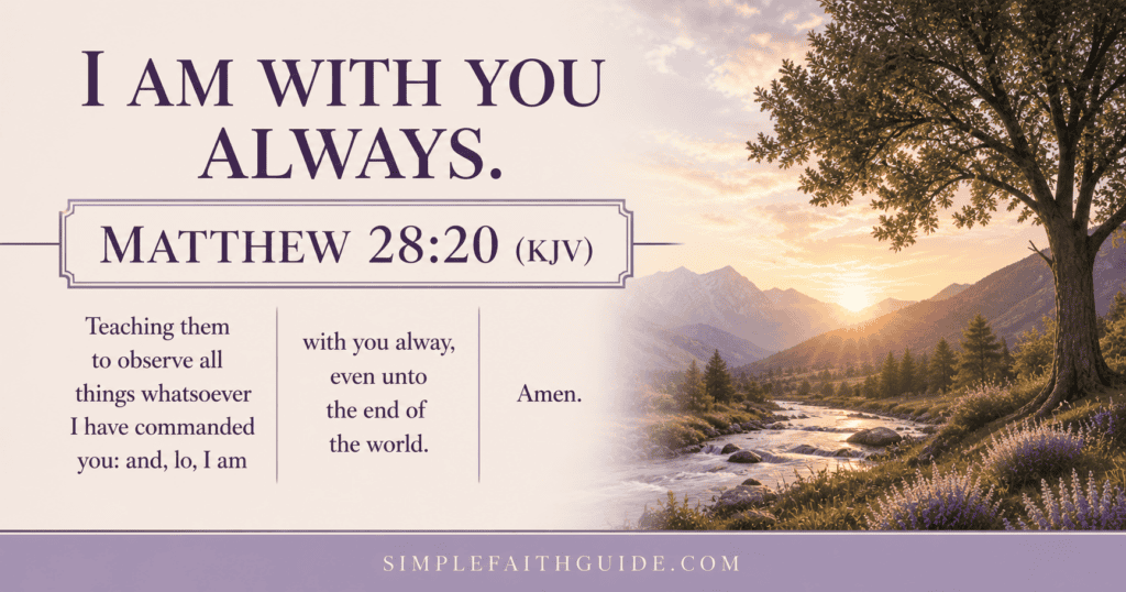 Matthew 28:20 quote with Minimalist Christian image with soft purple nature background.
