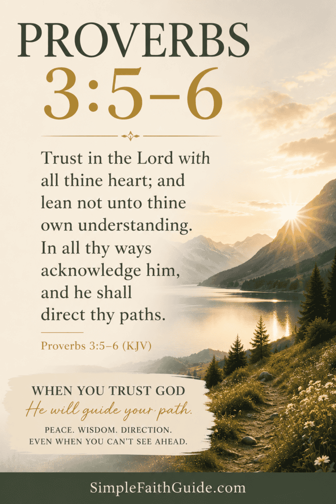 Proverbs 3:5-6 meaning image for pinterest with Minimalist Christian image with soft purple nature background.