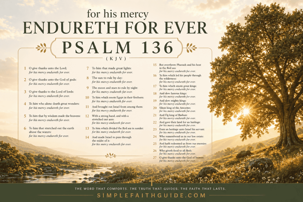 Psalm 136 meaning - KJV Bible verse image with elegant serif text over a peaceful sunrise landscape featuring mountains, a calm lake, and warm golden light, with “SimpleFaithGuide.com” centered at the bottom.